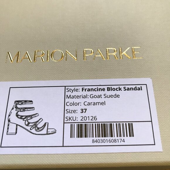 NEW Marion Parke Francine Sandals Heels Womens 37 7 Caramel Tan Suede Buckle NEW - Picture 11 of 12